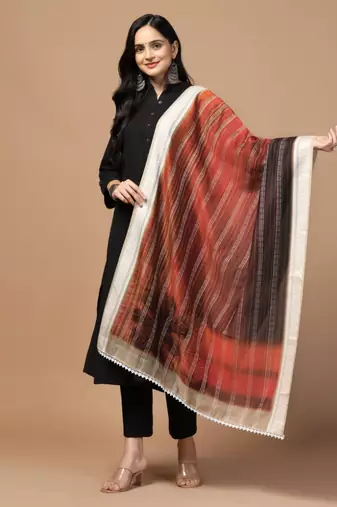 Digital Ethnic Motif Print Chanderi Cotton Crochet Work Regular Dupatta Wear on Kurti For Women and Girls