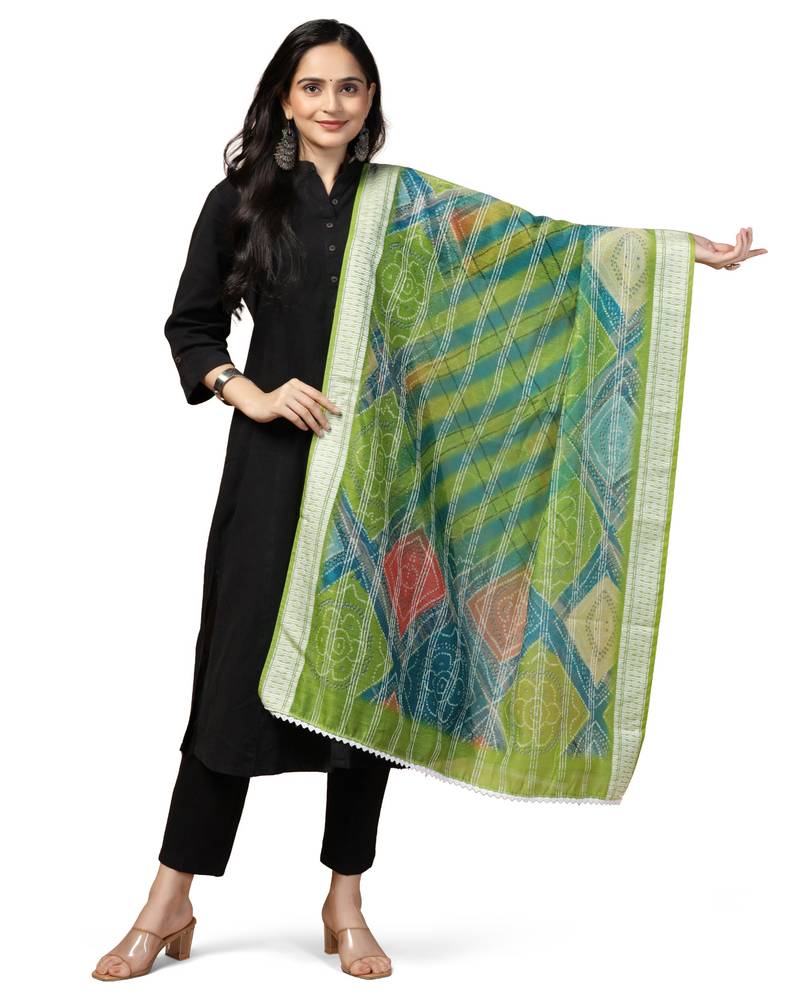 Digital Ethnic Motif Print Chanderi Cotton Crochet Work Regular Dupatta Wear on Kurti For Women and Girls