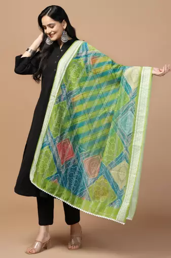 Digital Ethnic Motif Print Chanderi Cotton Crochet Work Regular Dupatta Wear on Kurti For Women and Girls