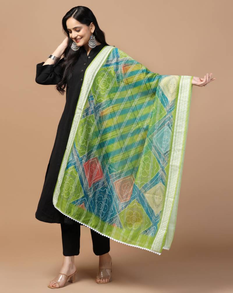 Digital Ethnic Motif Print Chanderi Cotton Crochet Work Regular Dupatta Wear on Kurti For Women and Girls