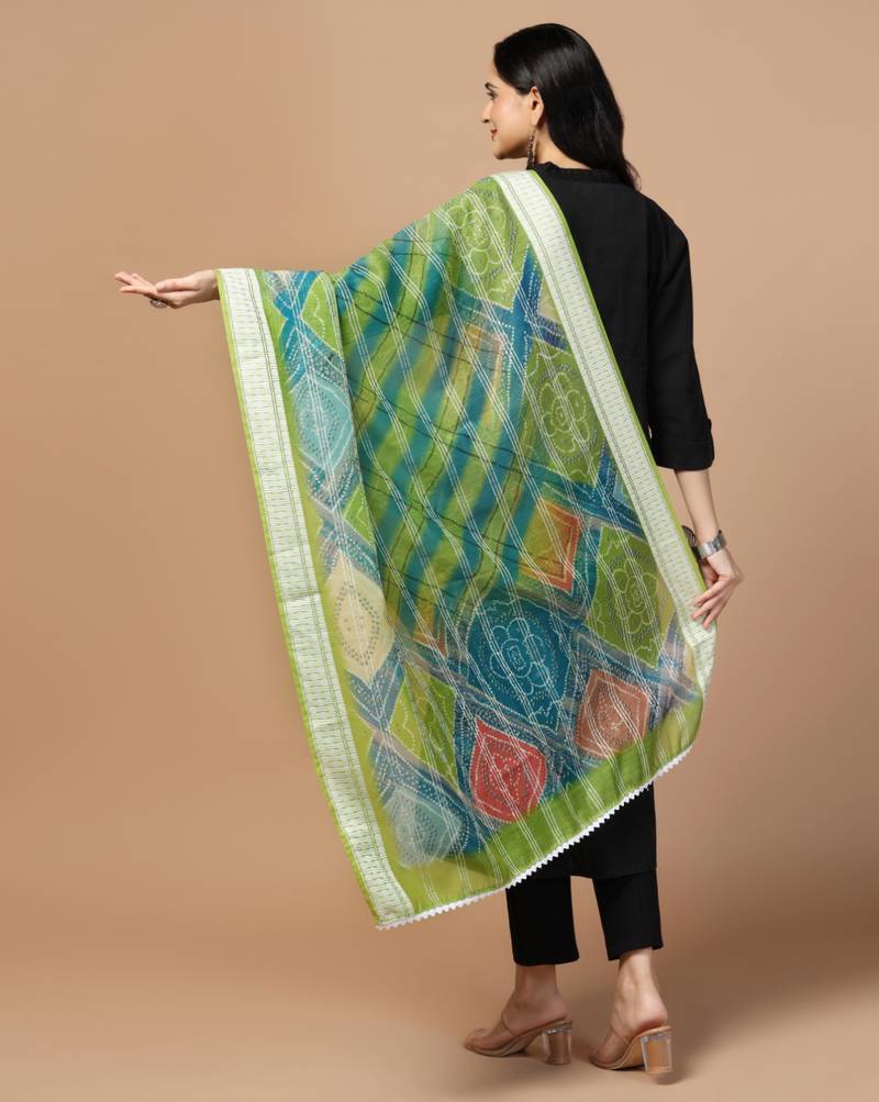 Digital Ethnic Motif Print Chanderi Cotton Crochet Work Regular Dupatta Wear on Kurti For Women and Girls