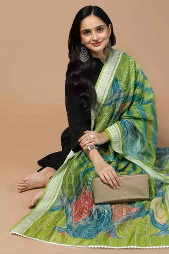 Digital Ethnic Motif Print Chanderi Cotton Crochet Work Regular Dupatta Wear on Kurti For Women and Girls