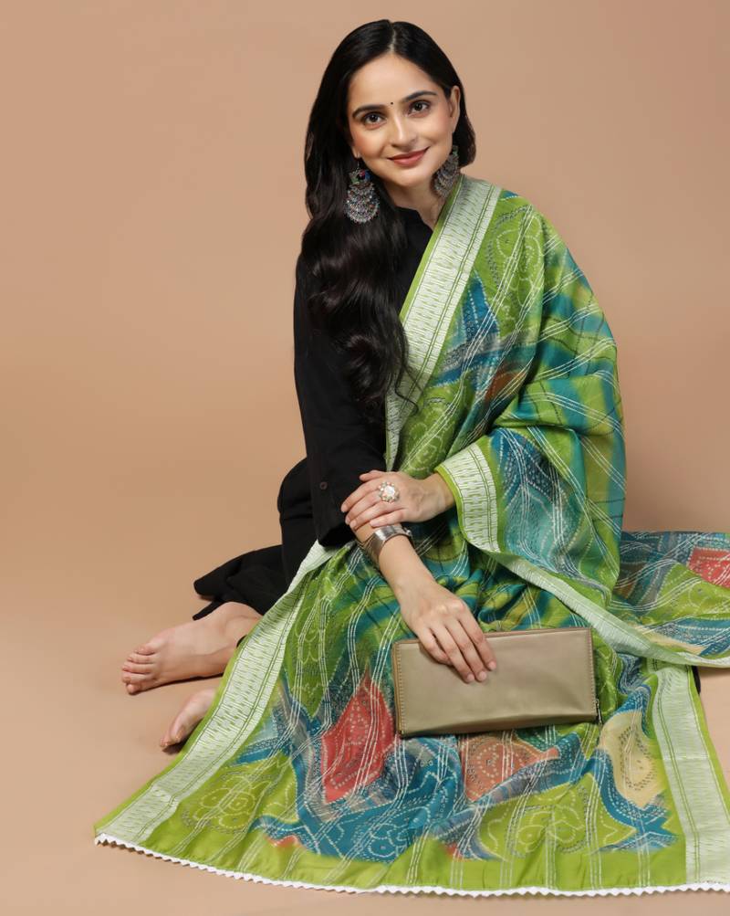 Digital Ethnic Motif Print Chanderi Cotton Crochet Work Regular Dupatta Wear on Kurti For Women and Girls