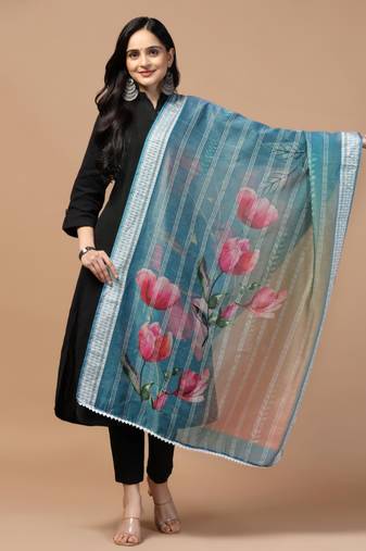 Digital Ethnic Motif Print Chanderi Cotton Crochet Work Regular Dupatta Wear on Kurti For Women and Girls