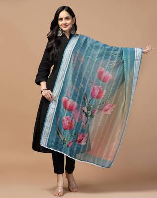 Digital Ethnic Motif Print Chanderi Cotton Crochet Work Regular Dupatta Wear on Kurti For Women and Girls 1