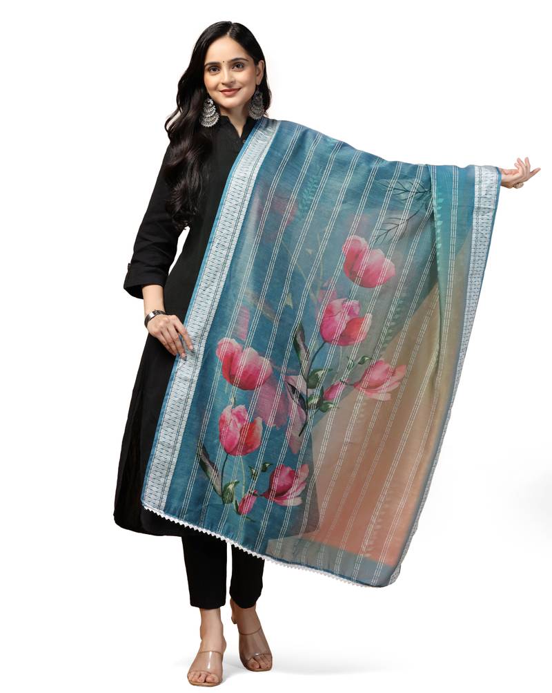 Digital Ethnic Motif Print Chanderi Cotton Crochet Work Regular Dupatta Wear on Kurti For Women and Girls