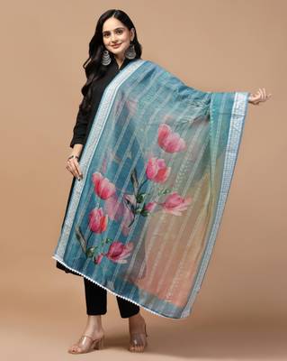 Digital Ethnic Motif Print Chanderi Cotton Crochet Work Regular Dupatta Wear on Kurti For Women and Girls 3