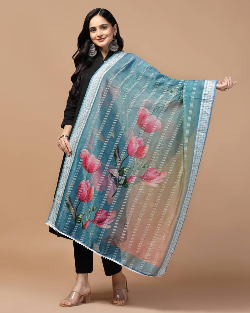 Digital Ethnic Motif Print Chanderi Cotton Crochet Work Regular Dupatta Wear on Kurti For Women and Girls