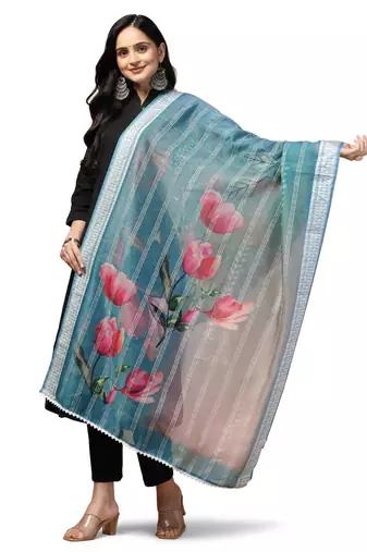 Digital Ethnic Motif Print Chanderi Cotton Crochet Work Regular Dupatta Wear on Kurti For Women and Girls