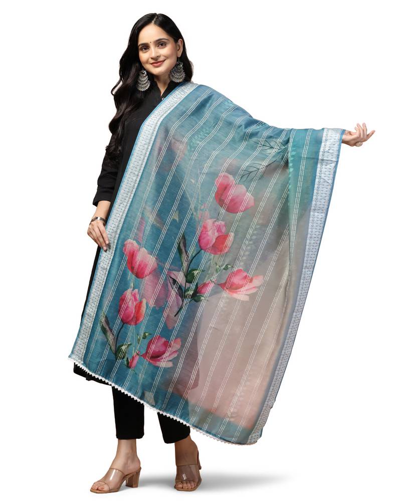 Digital Ethnic Motif Print Chanderi Cotton Crochet Work Regular Dupatta Wear on Kurti For Women and Girls