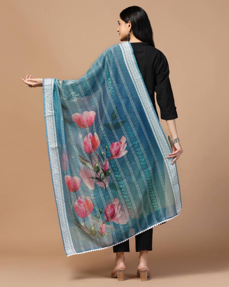 Digital Ethnic Motif Print Chanderi Cotton Crochet Work Regular Dupatta Wear on Kurti For Women and Girls
