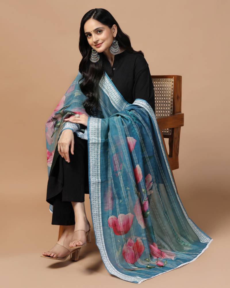 Digital Ethnic Motif Print Chanderi Cotton Crochet Work Regular Dupatta Wear on Kurti For Women and Girls