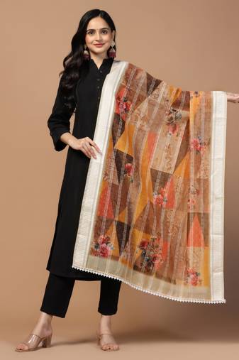 Digital Ethnic Motif Print Chanderi Cotton Crochet Work Regular Dupatta Wear on Kurti For Women and Girls
