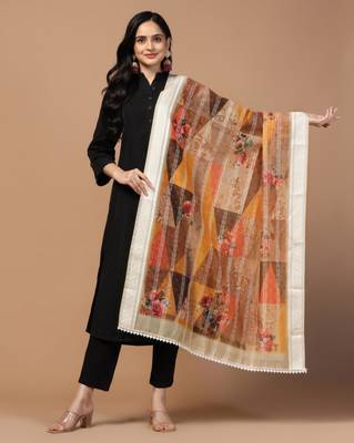 Digital Ethnic Motif Print Chanderi Cotton Crochet Work Regular Dupatta Wear on Kurti For Women and Girls 1