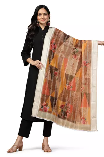 Digital Ethnic Motif Print Chanderi Cotton Crochet Work Regular Dupatta Wear on Kurti For Women and Girls