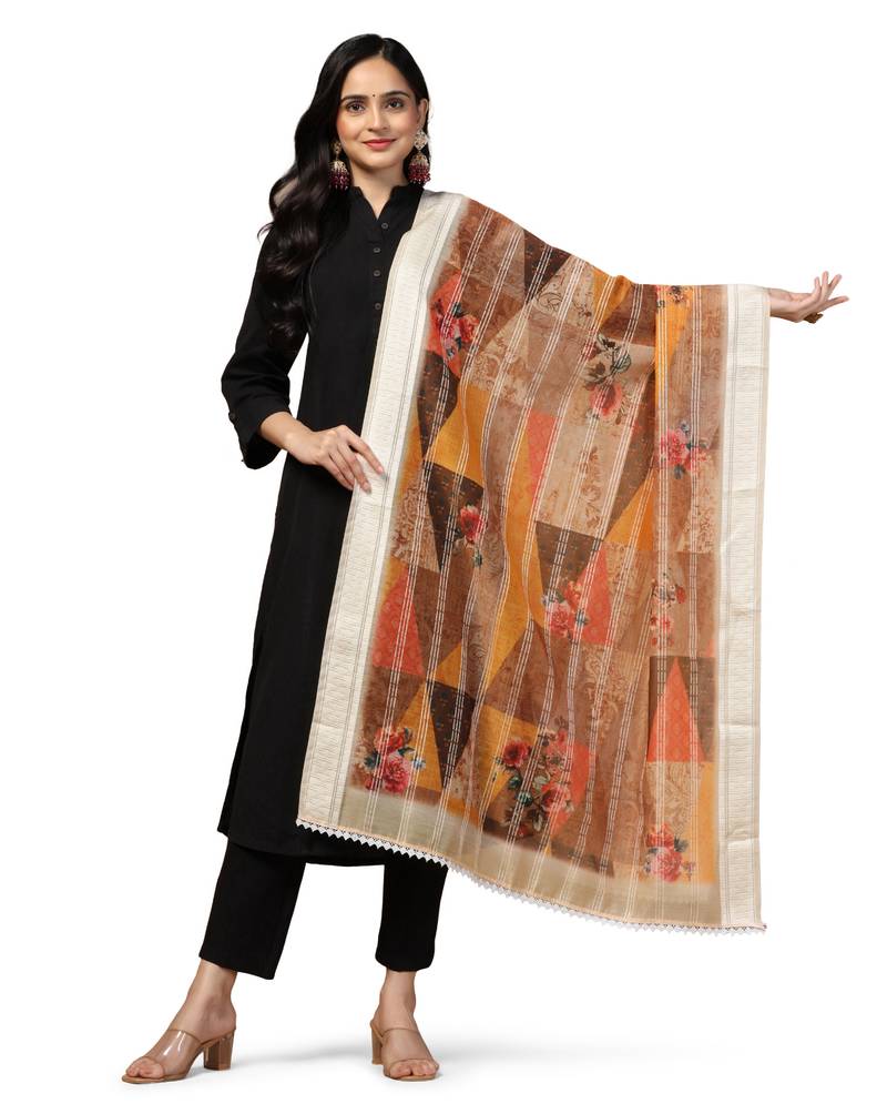 Digital Ethnic Motif Print Chanderi Cotton Crochet Work Regular Dupatta Wear on Kurti For Women and Girls