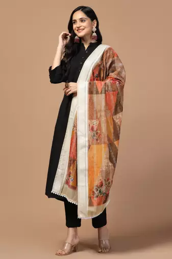 Digital Ethnic Motif Print Chanderi Cotton Crochet Work Regular Dupatta Wear on Kurti For Women and Girls