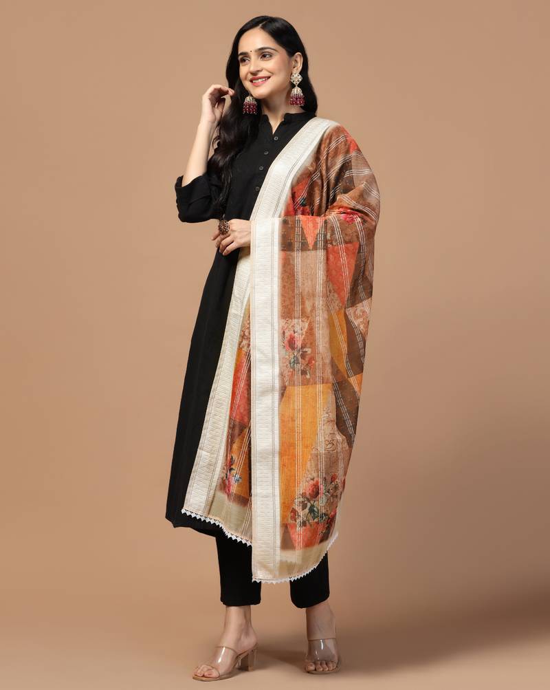 Digital Ethnic Motif Print Chanderi Cotton Crochet Work Regular Dupatta Wear on Kurti For Women and Girls