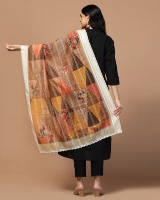 Digital Ethnic Motif Print Chanderi Cotton Crochet Work Regular Dupatta Wear on Kurti For Women and Girls 4