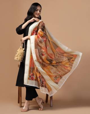 Digital Ethnic Motif Print Chanderi Cotton Crochet Work Regular Dupatta Wear on Kurti For Women and Girls 5