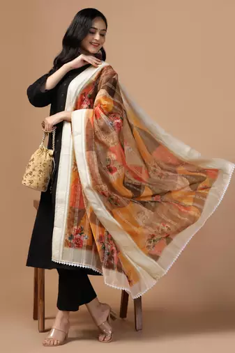 Digital Ethnic Motif Print Chanderi Cotton Crochet Work Regular Dupatta Wear on Kurti For Women and Girls