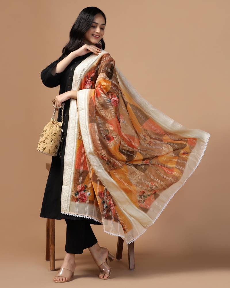 Digital Ethnic Motif Print Chanderi Cotton Crochet Work Regular Dupatta Wear on Kurti For Women and Girls