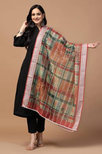 Digital Ethnic Motif Print Chanderi Cotton Crochet Work Regular Dupatta Wear on Kurti For Women and Girls