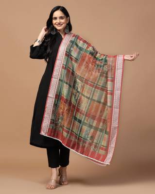 Digital Ethnic Motif Print Chanderi Cotton Crochet Work Regular Dupatta Wear on Kurti For Women and Girls 1