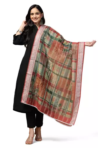 Digital Ethnic Motif Print Chanderi Cotton Crochet Work Regular Dupatta Wear on Kurti For Women and Girls