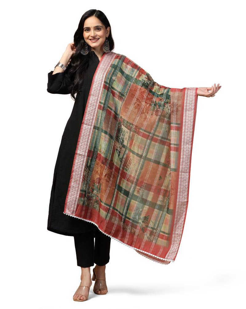 Digital Ethnic Motif Print Chanderi Cotton Crochet Work Regular Dupatta Wear on Kurti For Women and Girls