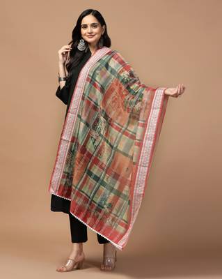 Digital Ethnic Motif Print Chanderi Cotton Crochet Work Regular Dupatta Wear on Kurti For Women and Girls 3