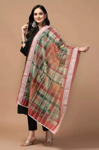 Digital Ethnic Motif Print Chanderi Cotton Crochet Work Regular Dupatta Wear on Kurti For Women and Girls
