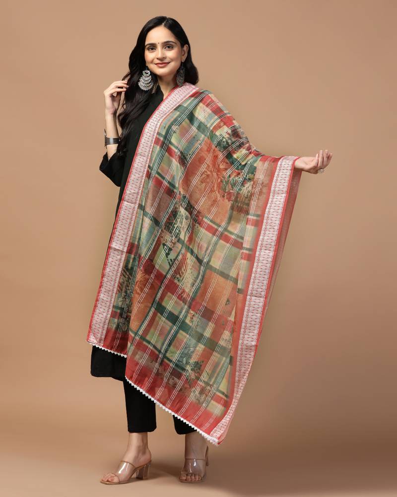 Digital Ethnic Motif Print Chanderi Cotton Crochet Work Regular Dupatta Wear on Kurti For Women and Girls