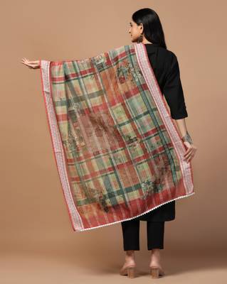 Digital Ethnic Motif Print Chanderi Cotton Crochet Work Regular Dupatta Wear on Kurti For Women and Girls 4