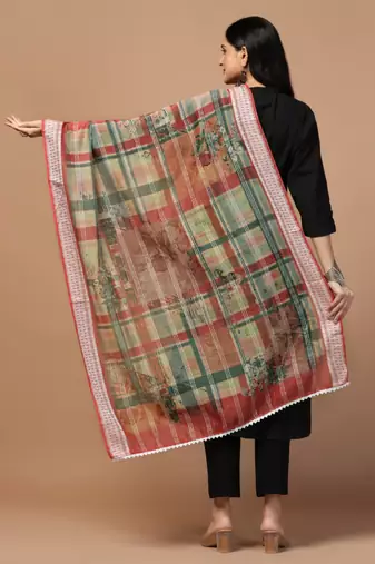 Digital Ethnic Motif Print Chanderi Cotton Crochet Work Regular Dupatta Wear on Kurti For Women and Girls