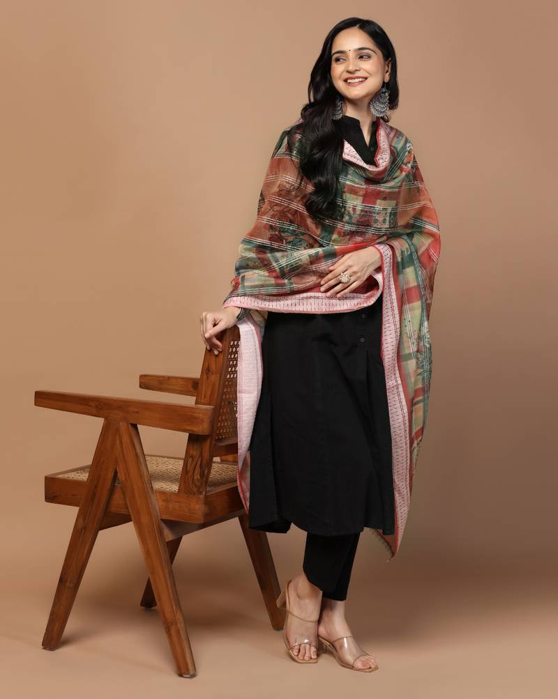 Digital Ethnic Motif Print Chanderi Cotton Crochet Work Regular Dupatta Wear on Kurti For Women and Girls