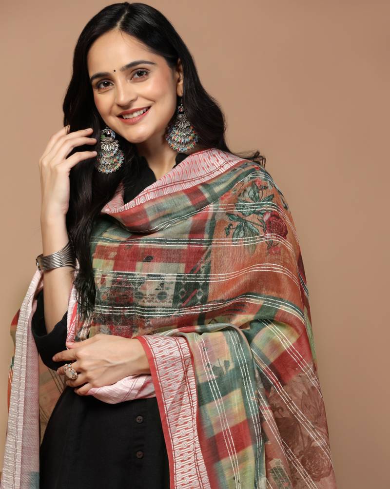 Digital Ethnic Motif Print Chanderi Cotton Crochet Work Regular Dupatta Wear on Kurti For Women and Girls