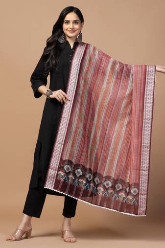 Digital Ethnic Motif Print Chanderi Cotton Crochet Work Regular Dupatta Wear on Kurti For Women and Girls