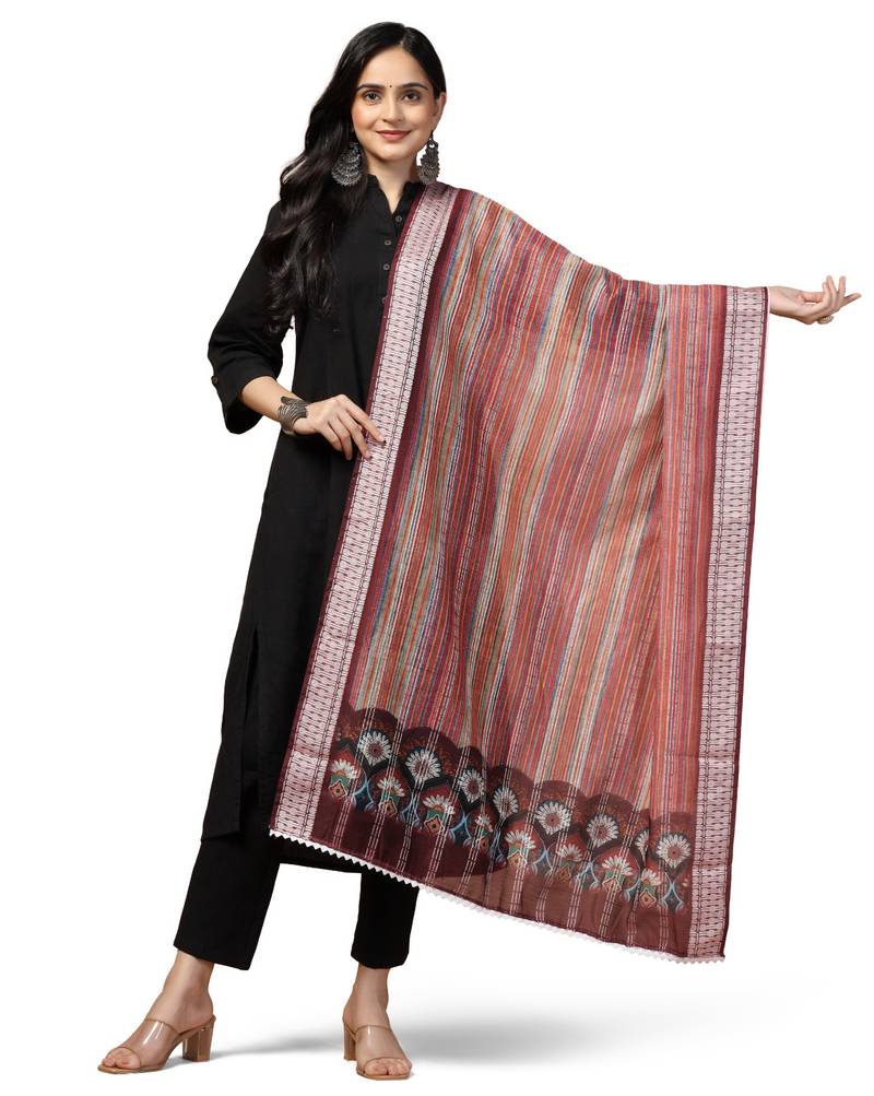 Digital Ethnic Motif Print Chanderi Cotton Crochet Work Regular Dupatta Wear on Kurti For Women and Girls