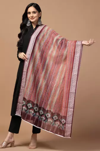 Digital Ethnic Motif Print Chanderi Cotton Crochet Work Regular Dupatta Wear on Kurti For Women and Girls