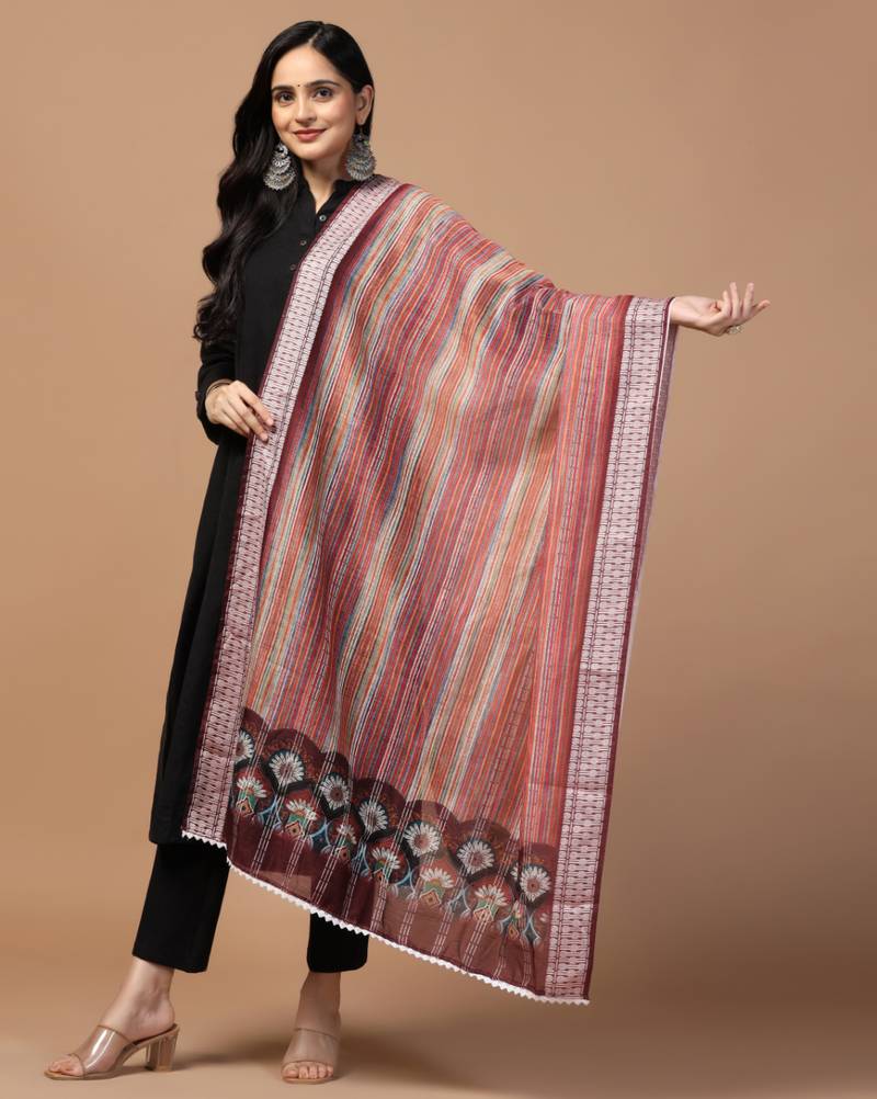Digital Ethnic Motif Print Chanderi Cotton Crochet Work Regular Dupatta Wear on Kurti For Women and Girls