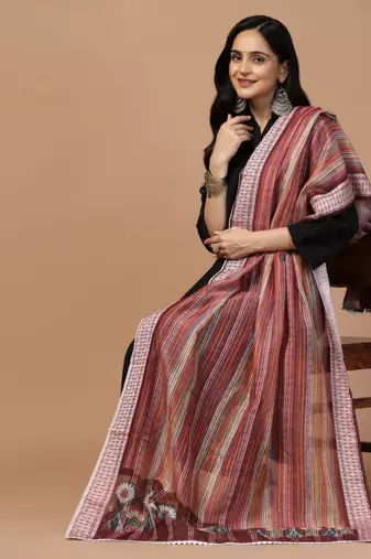Digital Ethnic Motif Print Chanderi Cotton Crochet Work Regular Dupatta Wear on Kurti For Women and Girls