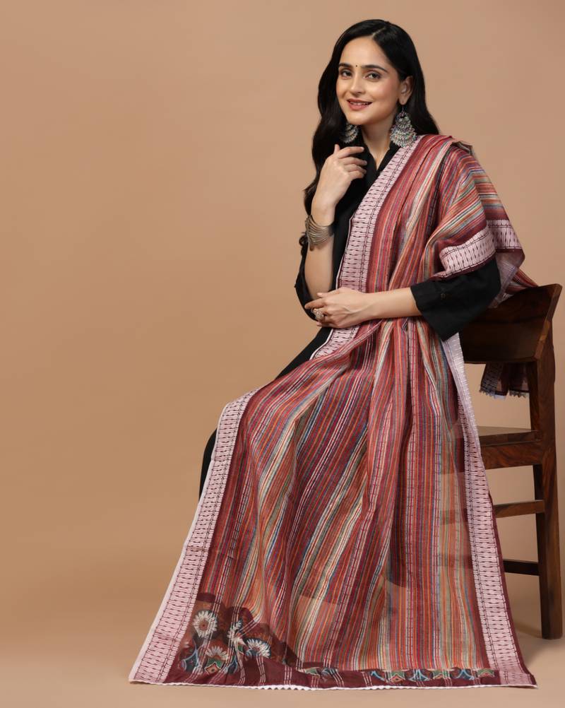 Digital Ethnic Motif Print Chanderi Cotton Crochet Work Regular Dupatta Wear on Kurti For Women and Girls