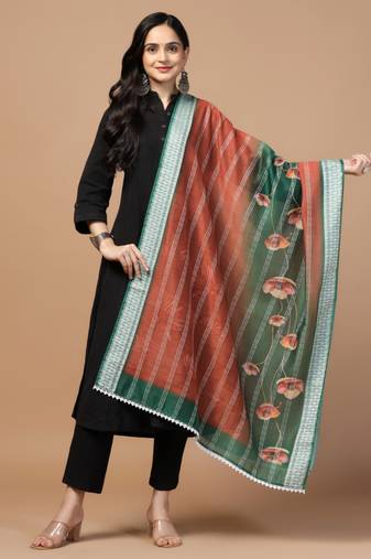 Digital Ethnic Motif Print Chanderi Cotton Crochet Work Regular Dupatta Wear on Kurti For Women and Girls