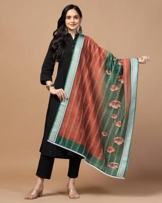 Digital Ethnic Motif Print Chanderi Cotton Crochet Work Regular Dupatta Wear on Kurti For Women and Girls 1