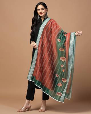Digital Ethnic Motif Print Chanderi Cotton Crochet Work Regular Dupatta Wear on Kurti For Women and Girls 3