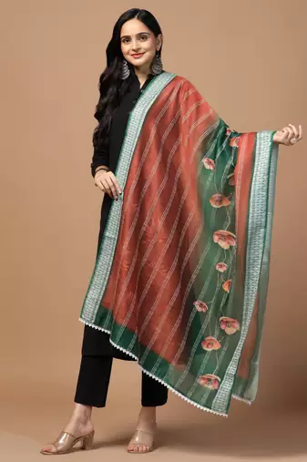 Digital Ethnic Motif Print Chanderi Cotton Crochet Work Regular Dupatta Wear on Kurti For Women and Girls