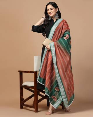 Digital Ethnic Motif Print Chanderi Cotton Crochet Work Regular Dupatta Wear on Kurti For Women and Girls 5
