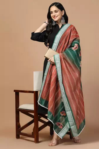 Digital Ethnic Motif Print Chanderi Cotton Crochet Work Regular Dupatta Wear on Kurti For Women and Girls