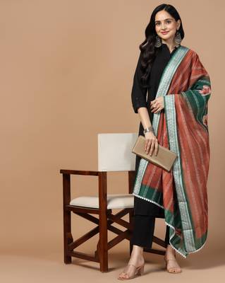 Digital Ethnic Motif Print Chanderi Cotton Crochet Work Regular Dupatta Wear on Kurti For Women and Girls 6